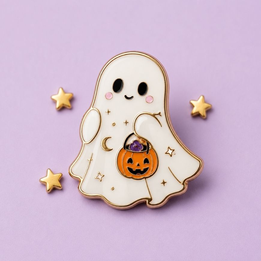 Cute ghost holding pumpkin bucket enamel pin with gold plating, premium custom Halloween lapel pin manufacturer.