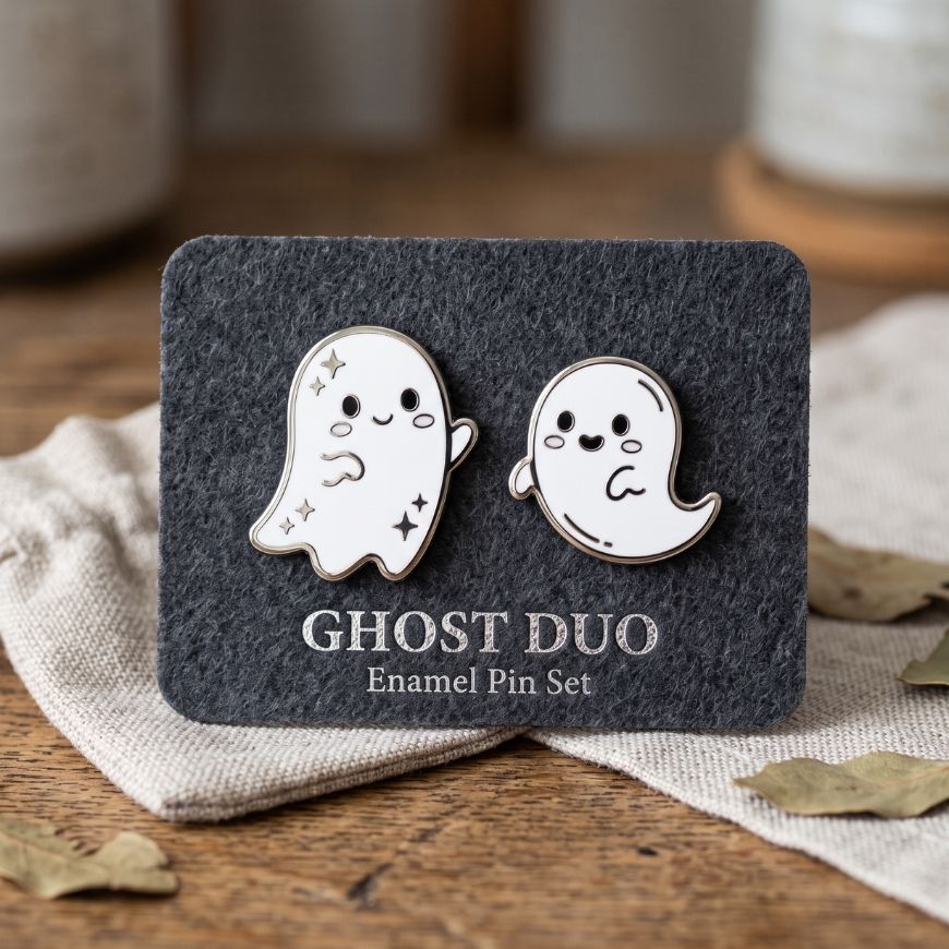 Ghost Duo Halloween hard enamel pin set on felt backing card, custom spooky lapel pins wholesale.