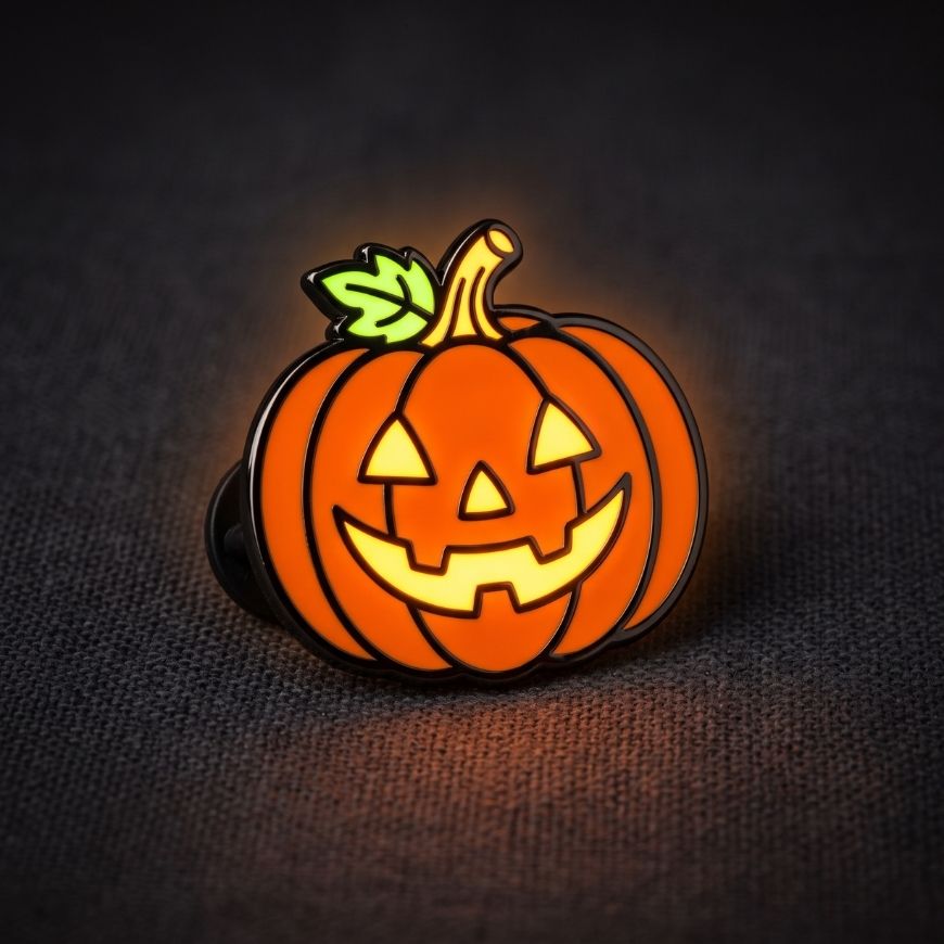 Glow in the dark jack-o-lantern pumpkin enamel pin with black nickel plating for Halloween promotions.