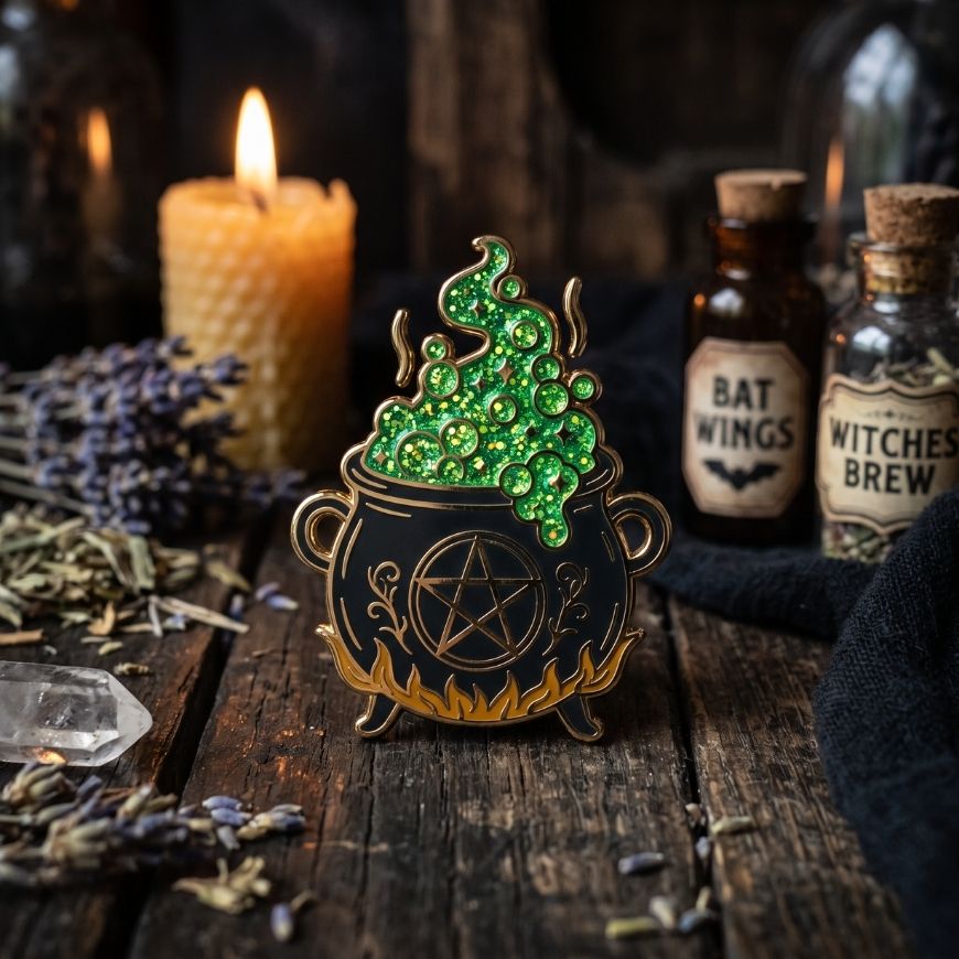 Witch cauldron enamel lapel pin with green glitter potion and pentagram for custom holiday gifts.