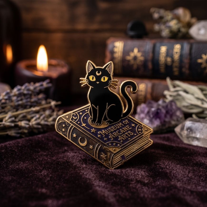 Black cat on vintage arcane book enamel pin in antique gold finish for gothic merchandise OEM.