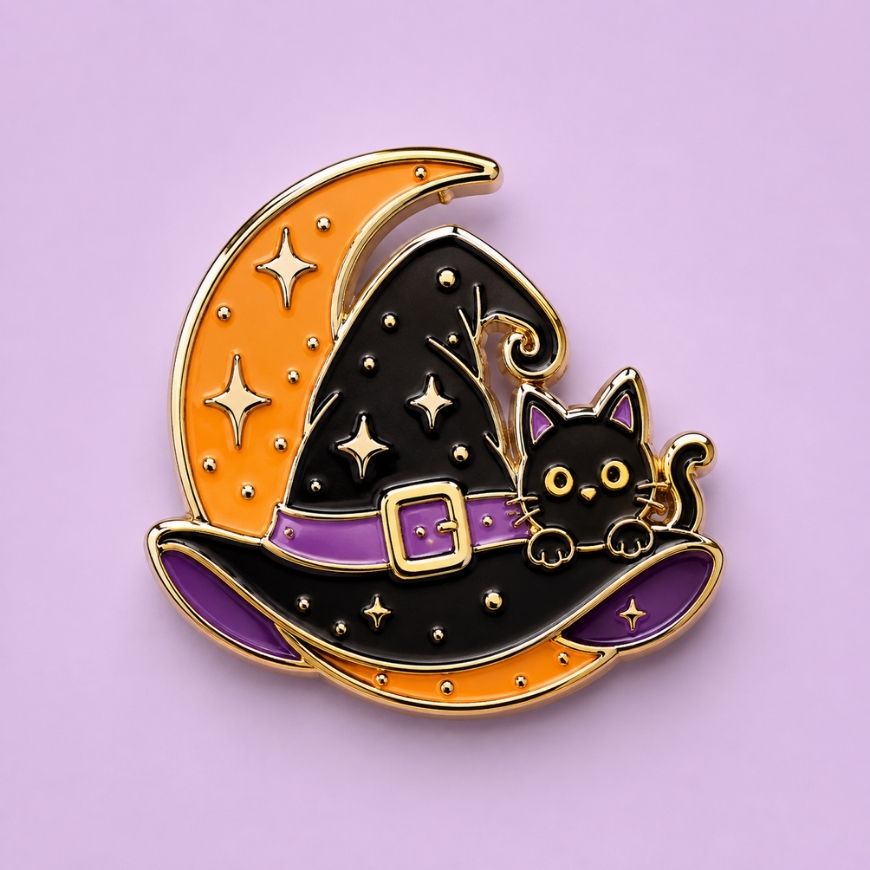 Custom witch hat and black cat enamel pin with gold trim, tailored for seasonal retail merchandise collections.