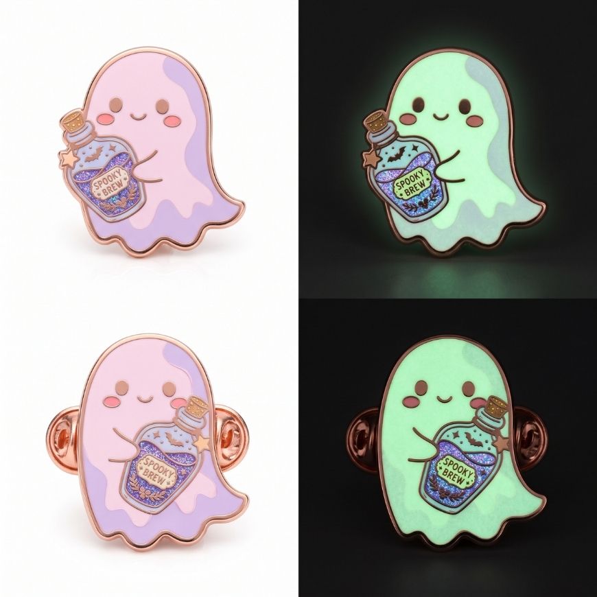 Custom glow in the dark Halloween ghost enamel pin with glitter potion bottle, ideal for wholesale festive merchandise.