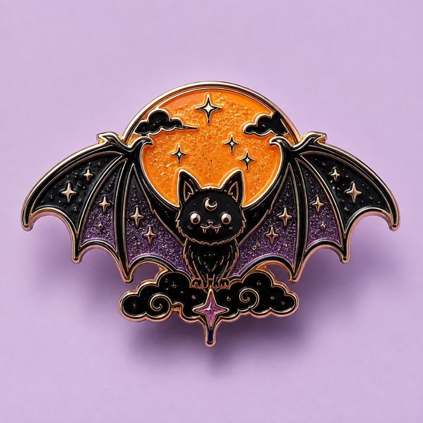 Glitter Halloween bat enamel pin with full moon design, custom metal lapel pin supplier for branded accessories.