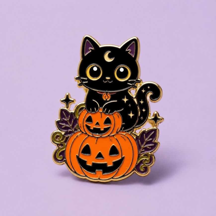 Black cat on stacked Halloween pumpkins enamel pin, high-quality custom metal badge for wholesale and retail.