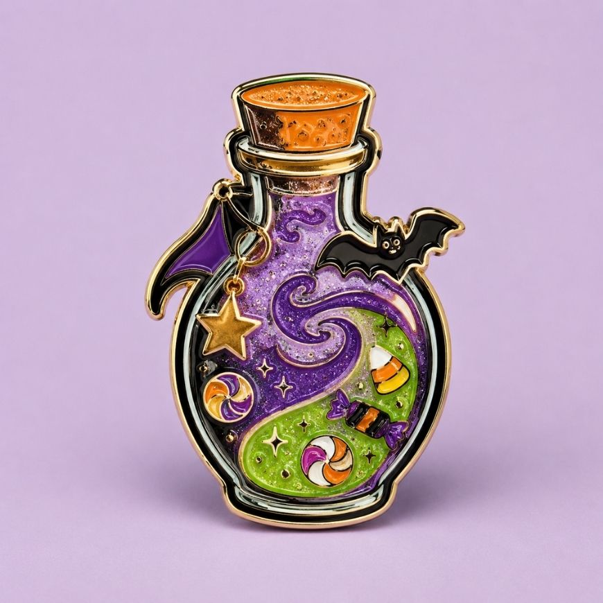 Magic potion bottle enamel pin with glitter enamel and bat charm, custom OEM manufacturer for novelty lapel pins.