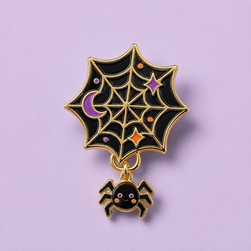 Spider web dangle enamel pin with hanging spider charm, custom novelty metal lapel pins for wholesale branding.