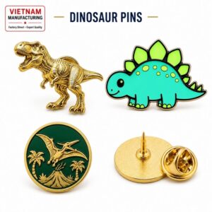 Vietnam custom dinosaur enamel pins, 3D gold metal and butterfly clutch back for OEM wholesale.