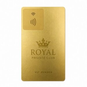 Custom gold metal NFC card with laser-engraved crown logo for luxury VIP membership and contactless hotel access.