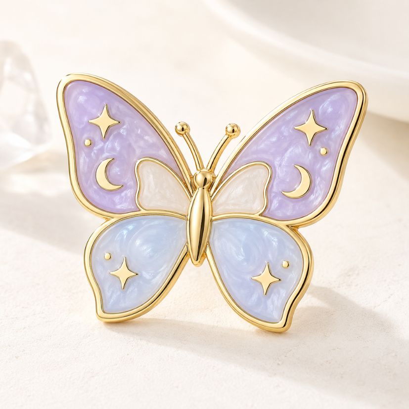 Gold-plated butterfly pearl enamel pin with celestial motifs, premium custom lapel pin wholesale.