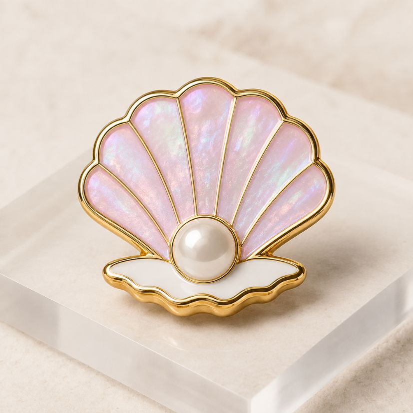Pink iridescent seashell pearl brooch pin with gold finish, custom lapel pin.