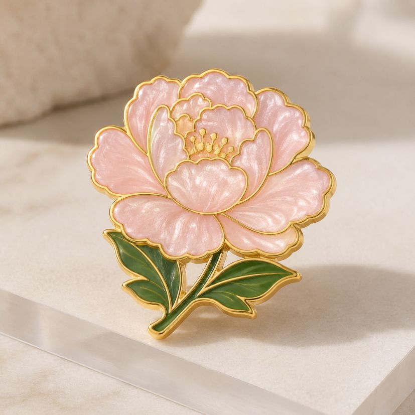 Pink peony flower enamel brooch pin with green leaves and gold plating, custom metal badge.