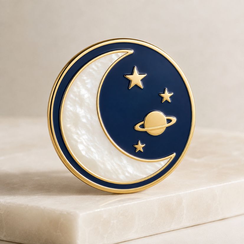 Celestial crescent moon and planet enamel pin with blue background, custom lapel pin.