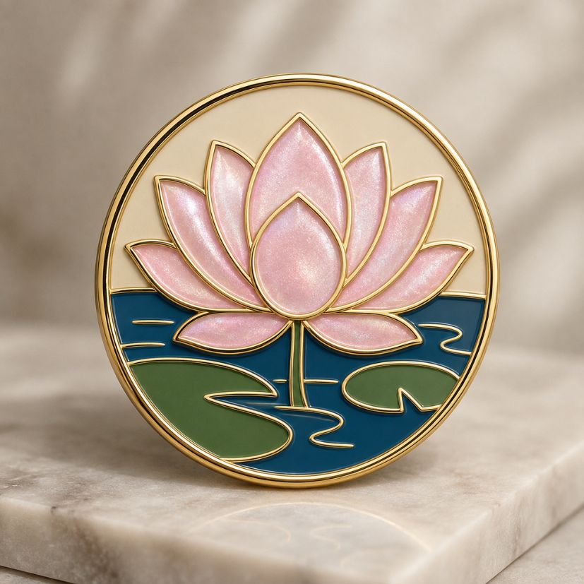 Pink lotus flower enamel pin with gold trim and pond background, custom badge wholesale.