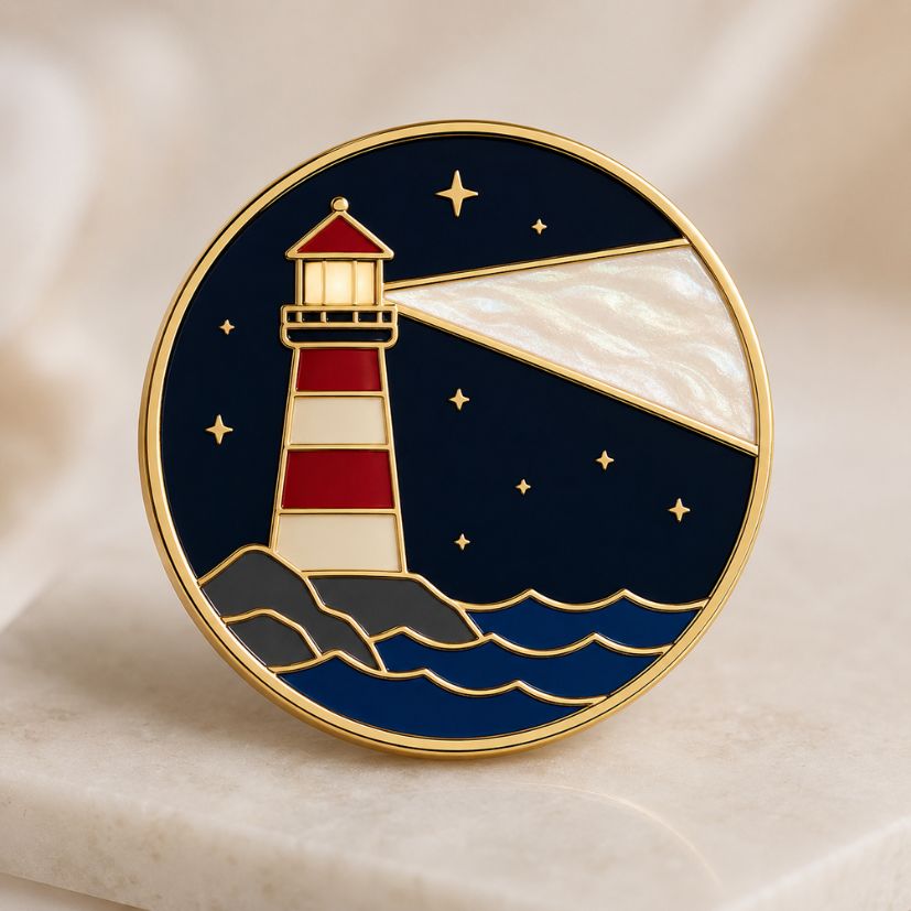 Nautical lighthouse enamel pin with starry night sky and gold finish, custom lapel badge.