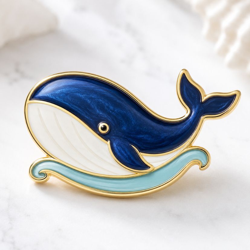 Blue whale enamel pin with oceanic wave details and gold plating, custom metal accessory.