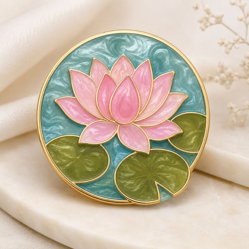 Pink lotus flower enamel pin over textured turquoise water, custom jewelry brooch.