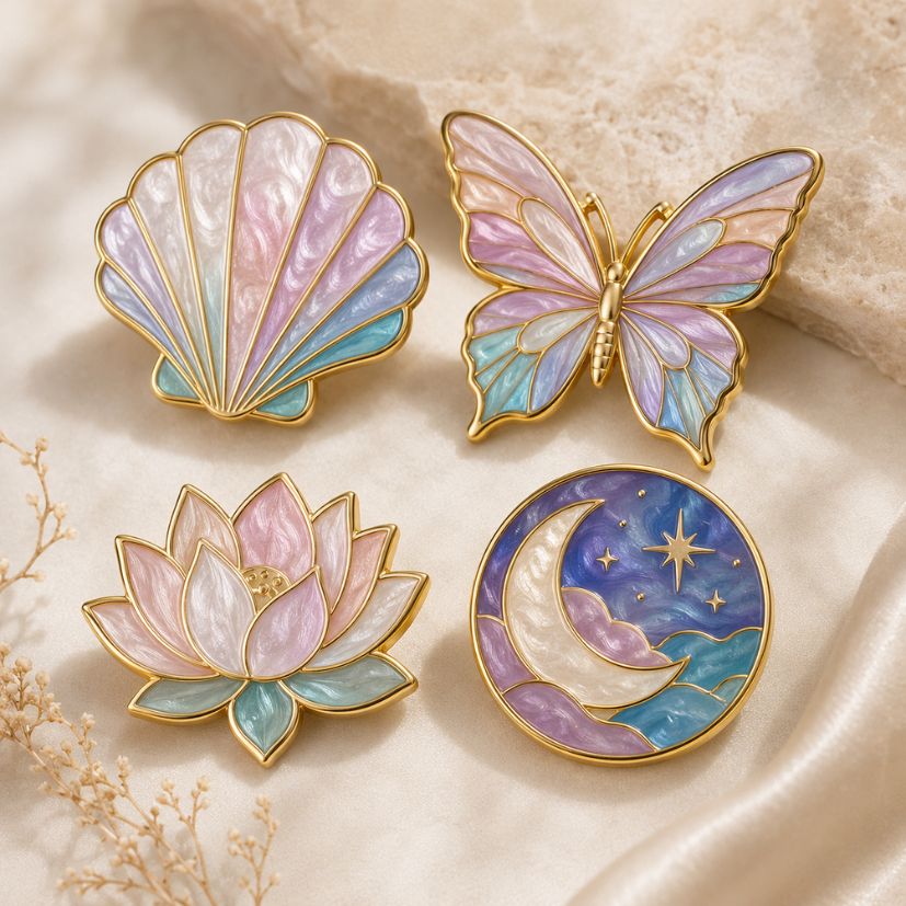 Assorted celestial and floral enamel pins with gold finish, custom lapel pin set wholesale.