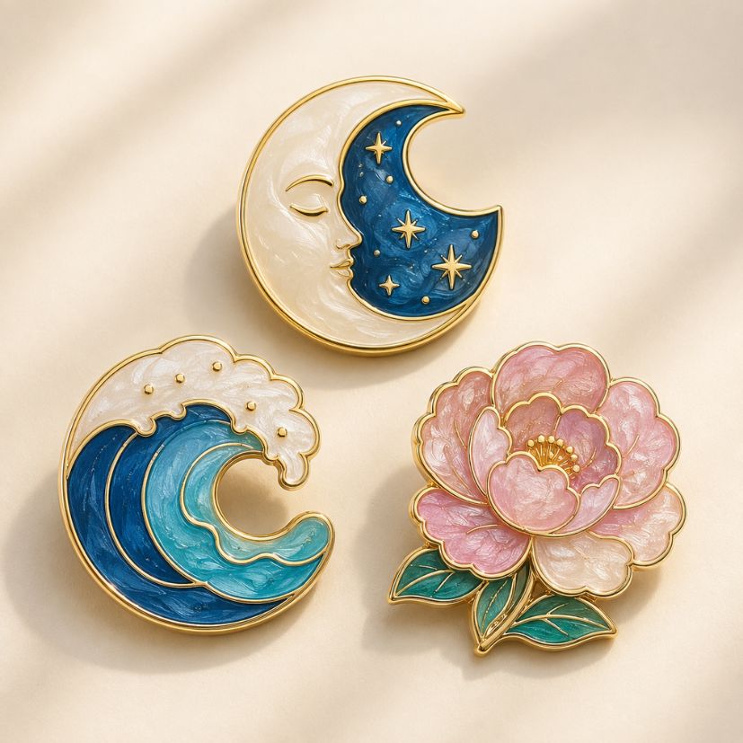 Celestial moon, ocean wave, and pink peony enamel pins with gold finish, custom lapel pin wholesale.