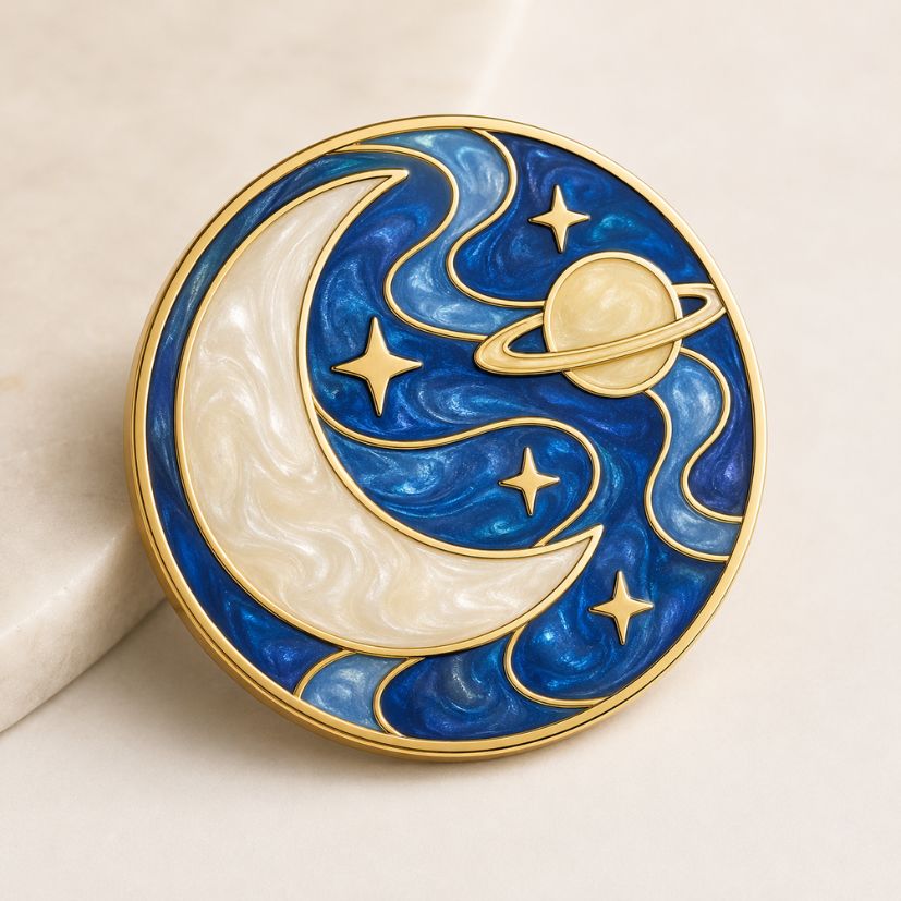 Celestial moon and planet enamel pin with marbled blue resin, custom metal badge manufacturer.