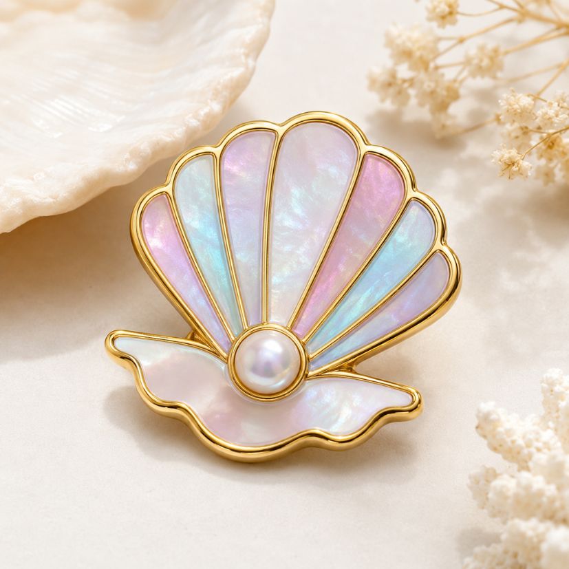 Iridescent seashell pearl enamel pin with gold plating, custom jewelry brooch wholesale.