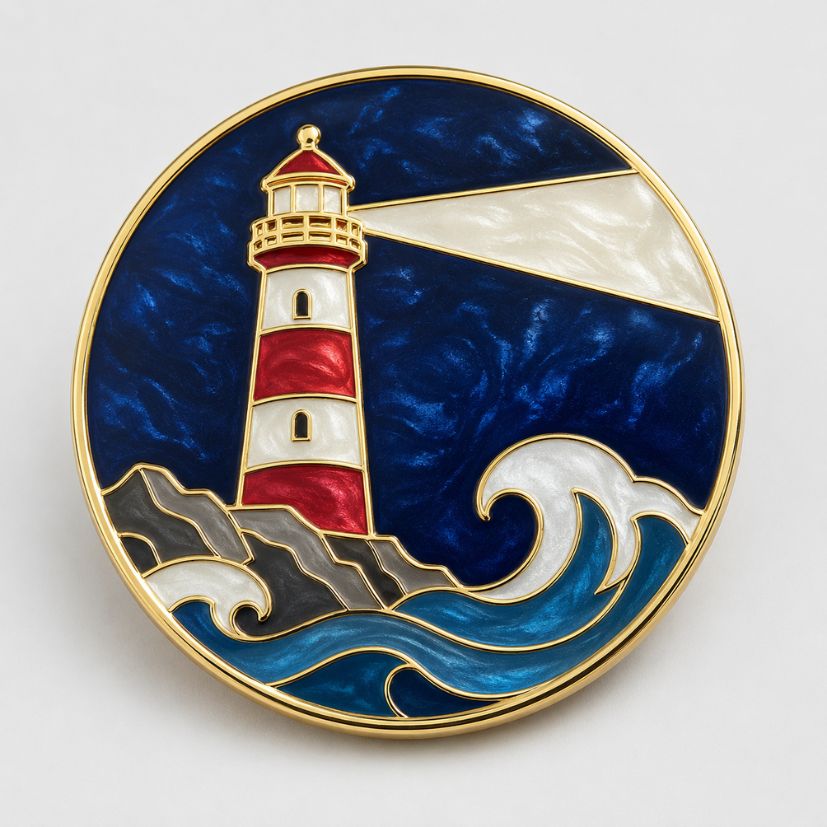 Nautical lighthouse enamel pin with oceanic wave details, custom lapel pin supplier.