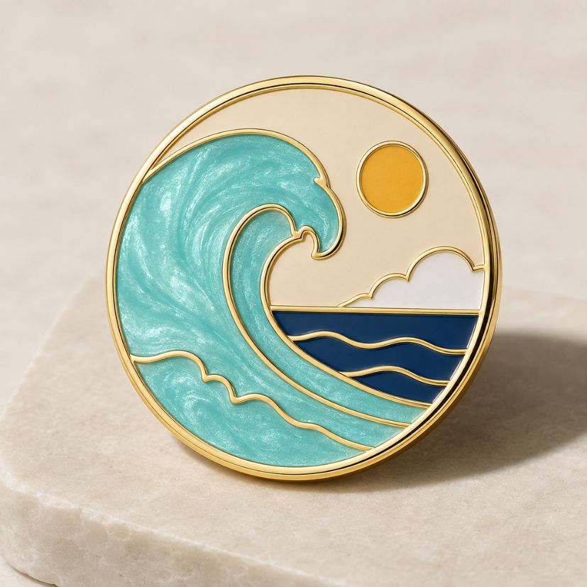 Ocean wave and sun enamel pin with custom gold plating, promotional metal badge.