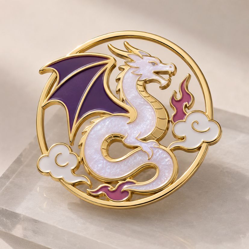 Mystical dragon and cloud enamel pin with gold outline, custom fantasy badge.