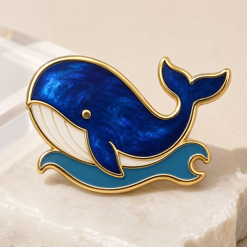 Blue whale enamel pin with gold trim over ocean wave, custom metal accessory.
