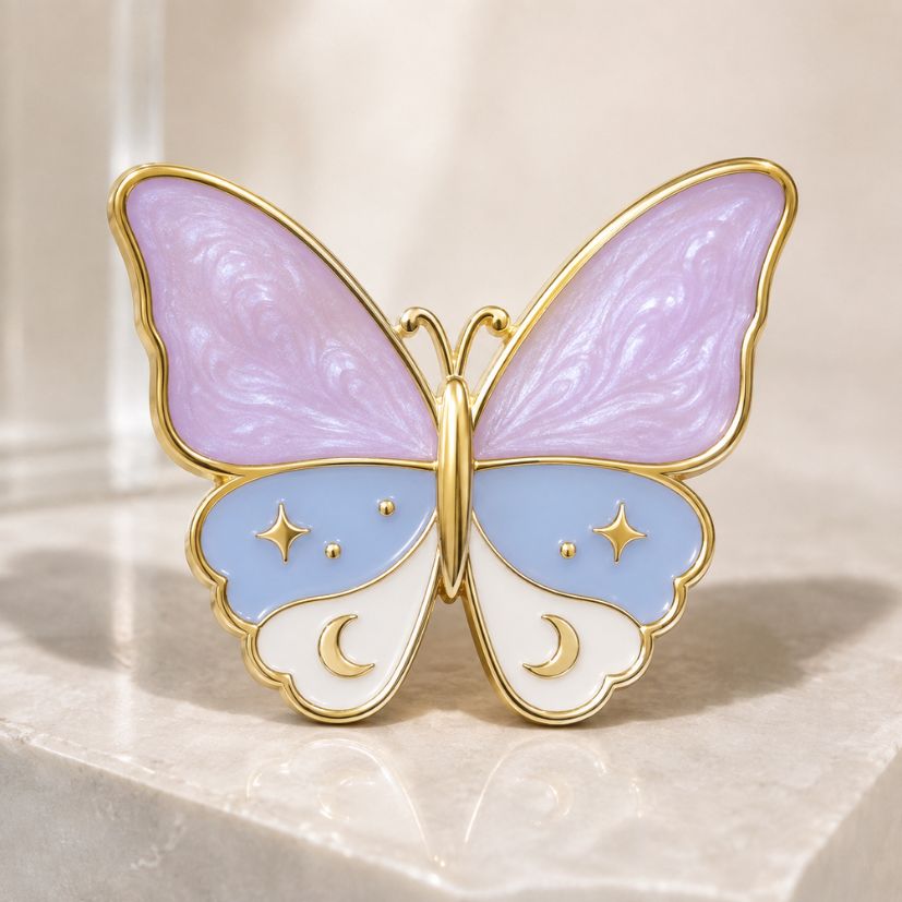 Pastel purple and blue butterfly enamel pin with celestial stars, custom brooch.
