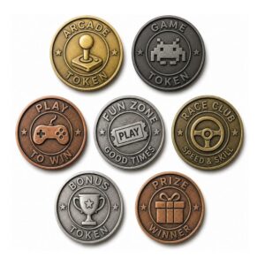 Retro arcade and gaming custom metal tokens in various finishes, ideal for entertainment venue bulk orders.