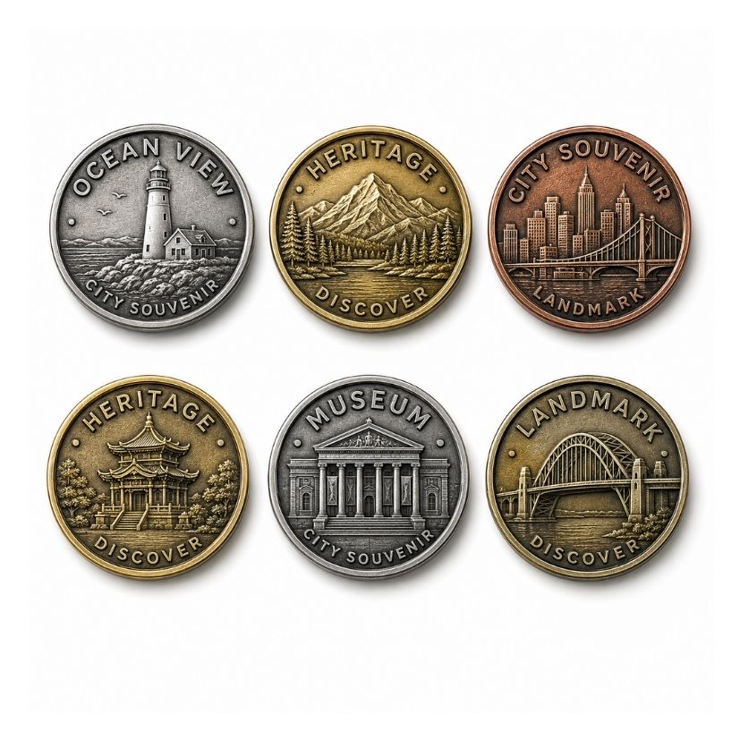 Assorted custom antique metal souvenir tokens featuring landmarks and heritage designs, wholesale bulk supply.