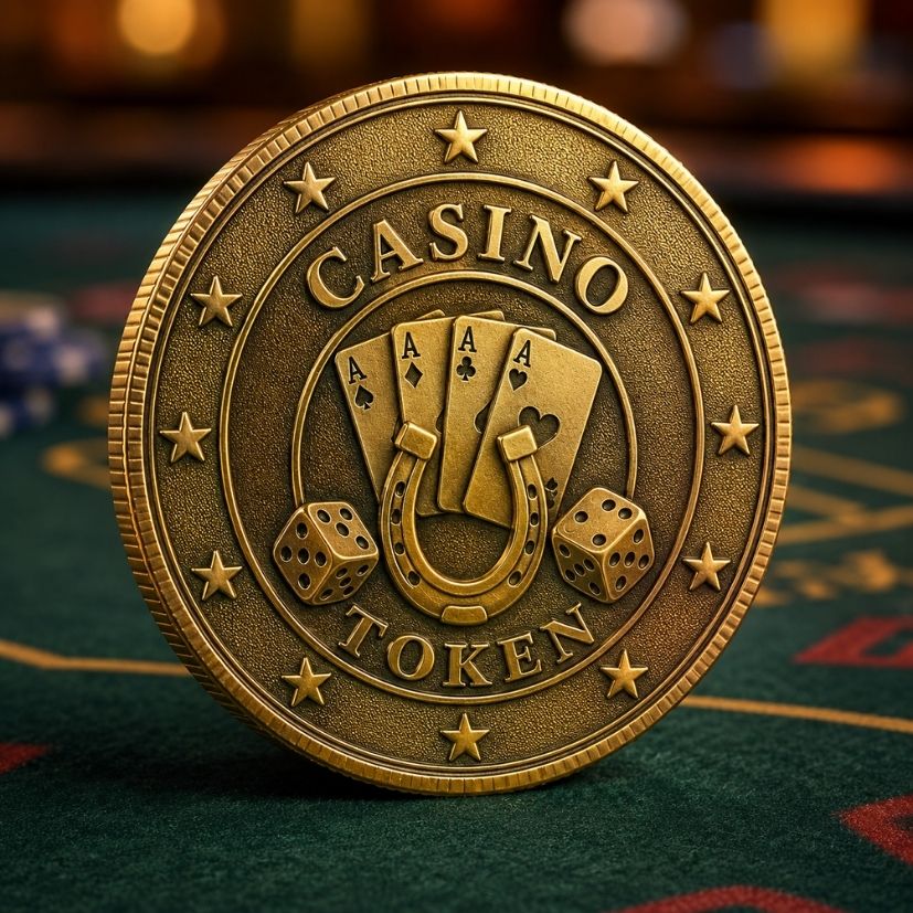 Custom antique brass casino token with card suits and dice, ideal for gaming and entertainment wholesale.