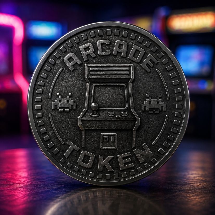 Antique silver arcade token with retro game machine graphic, perfect for arcade venue bulk supply.