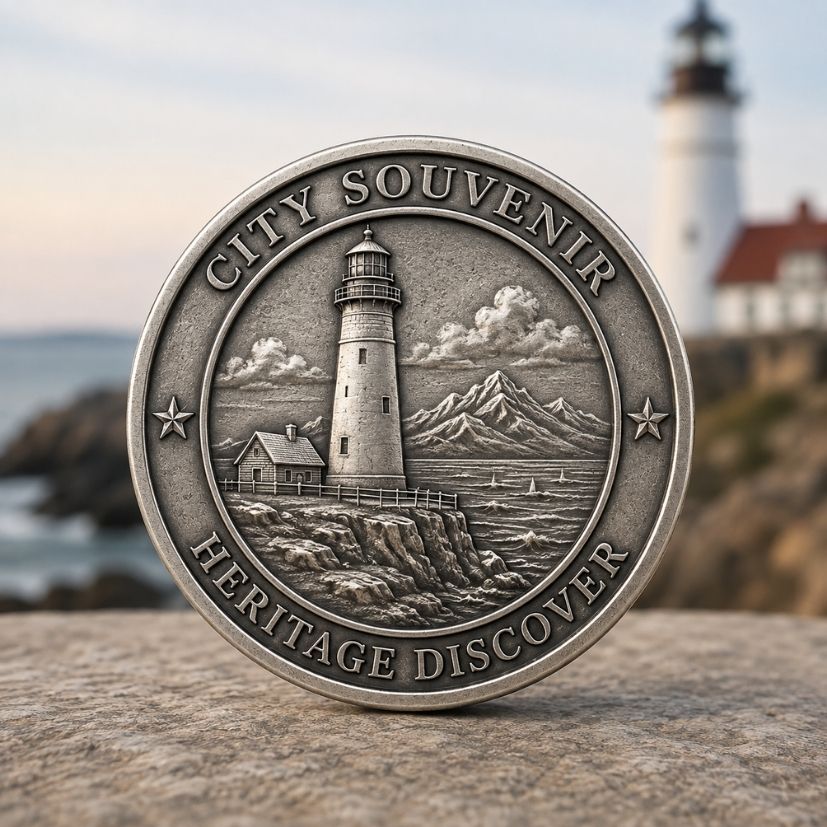 Custom antique silver metal souvenir token featuring a coastal lighthouse, ideal for wholesale.