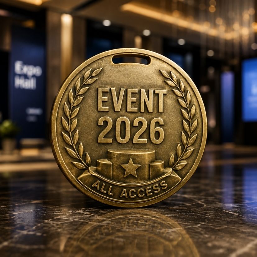 Custom antique brass event access metal token with ribbon and podium detail for corporate expos.