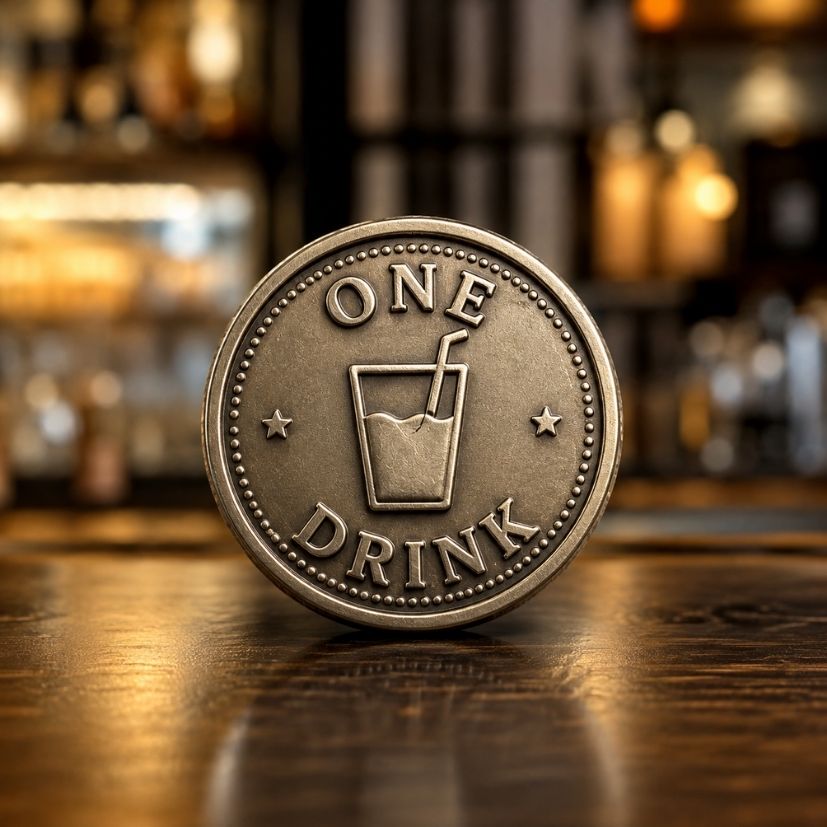Custom antique brass one-drink metal token for bar, restaurant, and hospitality event management.