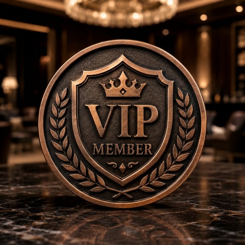 Custom antique bronze VIP member metal token with crown and shield for exclusive club branding.