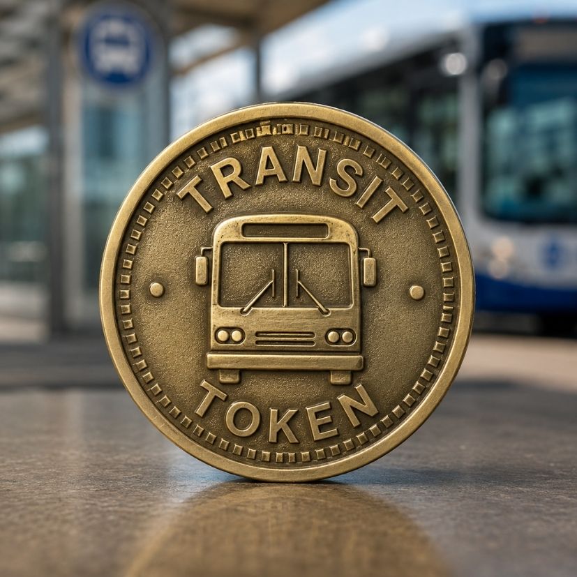 Custom antique brass transit token featuring a city bus for public transportation ticketing systems.