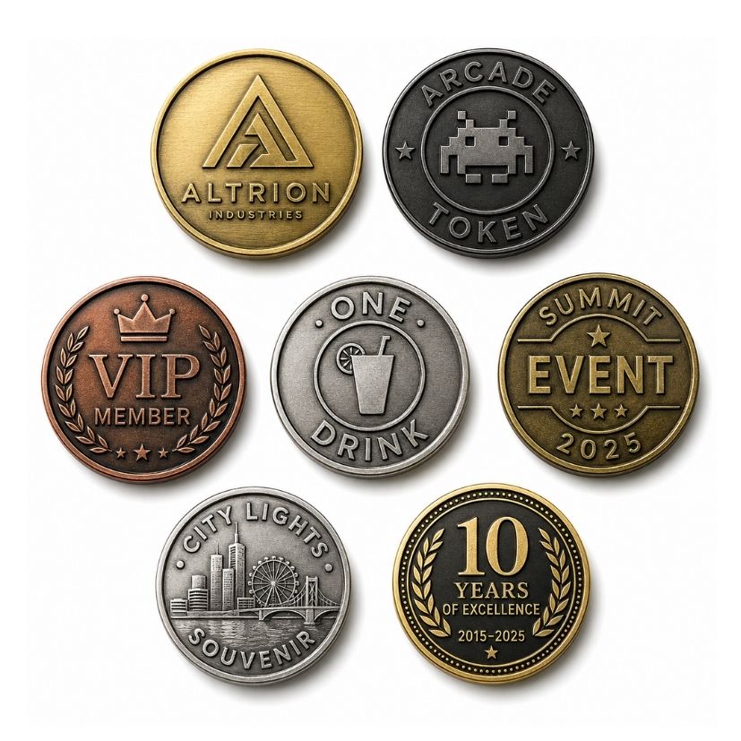 Custom corporate logo metal tokens and commemorative coins for business events and VIP member rewards.