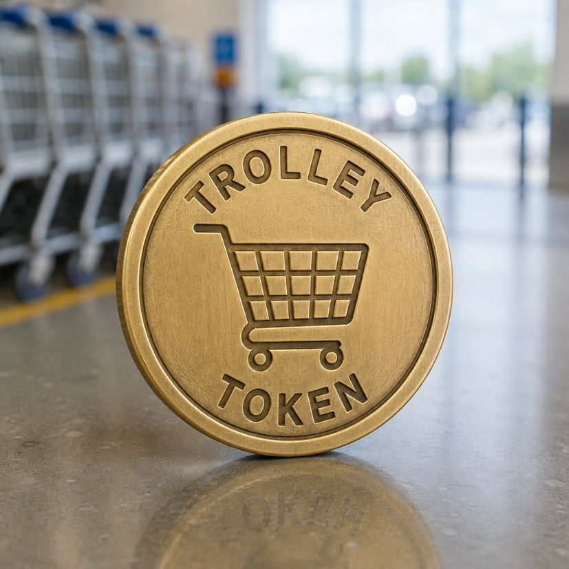 Custom antique brass shopping trolley token for supermarket and retail deposit lock systems.