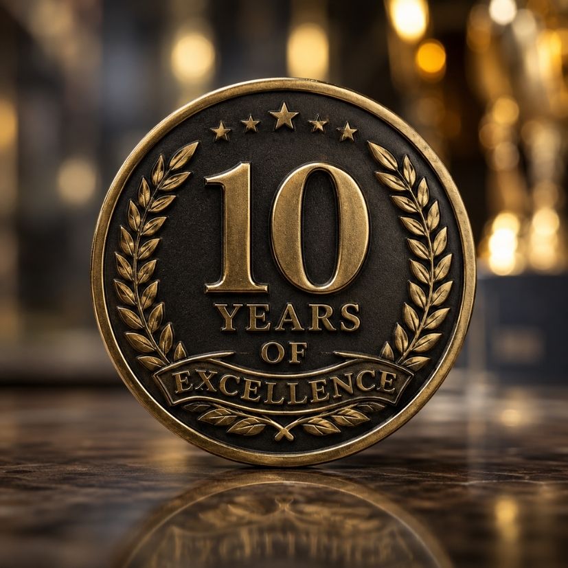 Custom antique brass 10 years excellence commemorative metal token for corporate milestone gifts.