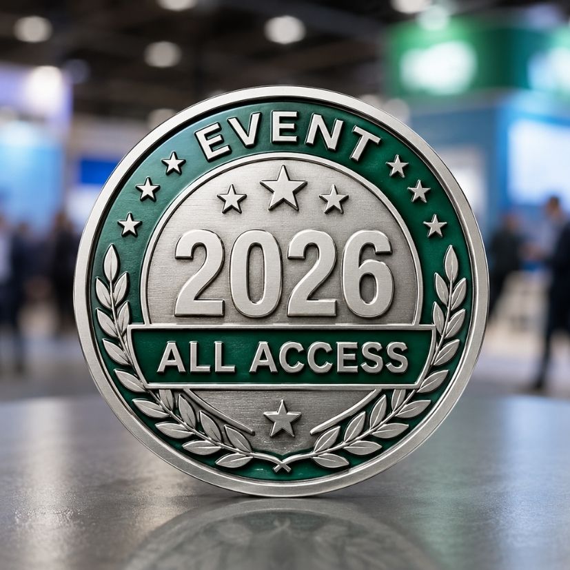Custom green enamel metal token with event access branding for B2B expos.