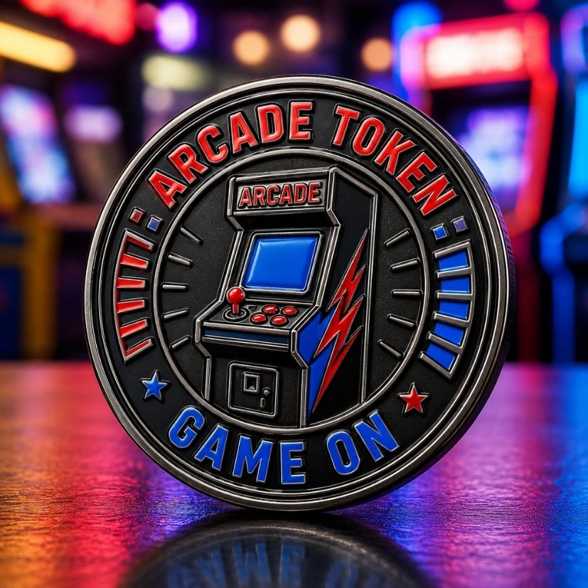 Custom arcade metal token with colored enamel fill for entertainment venues.