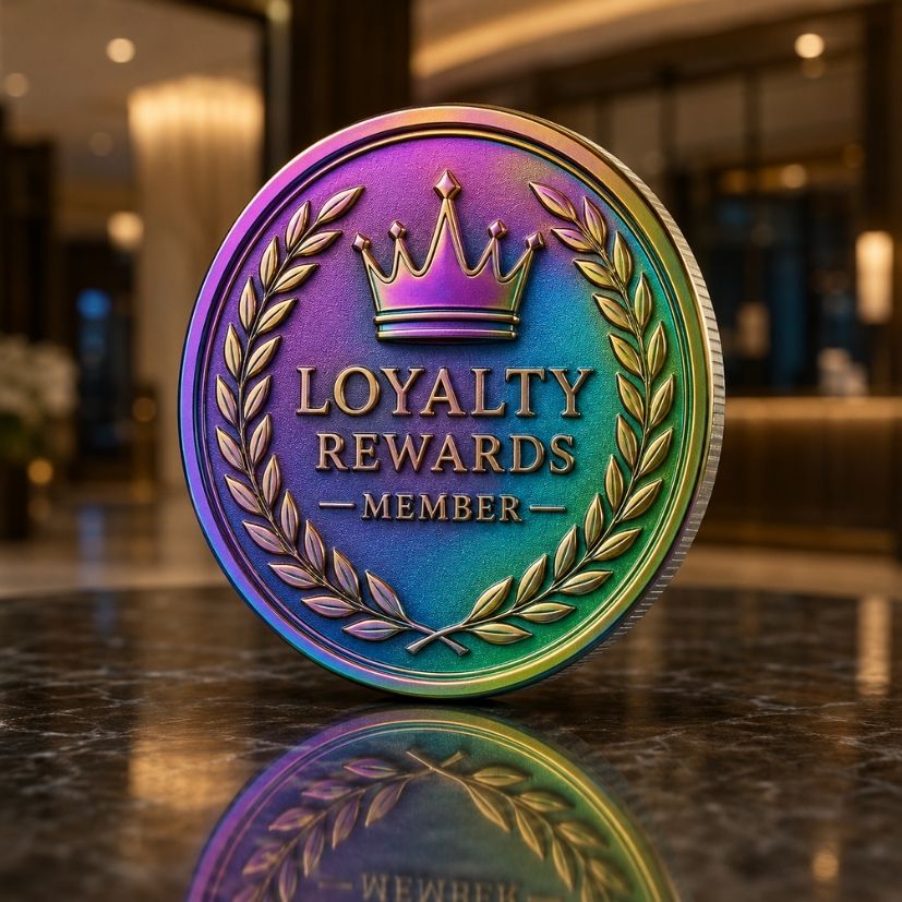 Rainbow plating loyalty rewards metal token with crown design for clubs.