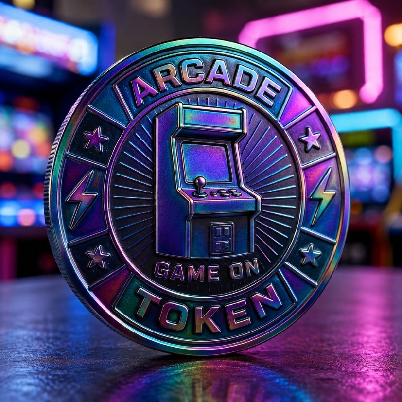 Rainbow arcade token with retro machine graphic for entertainment supply.