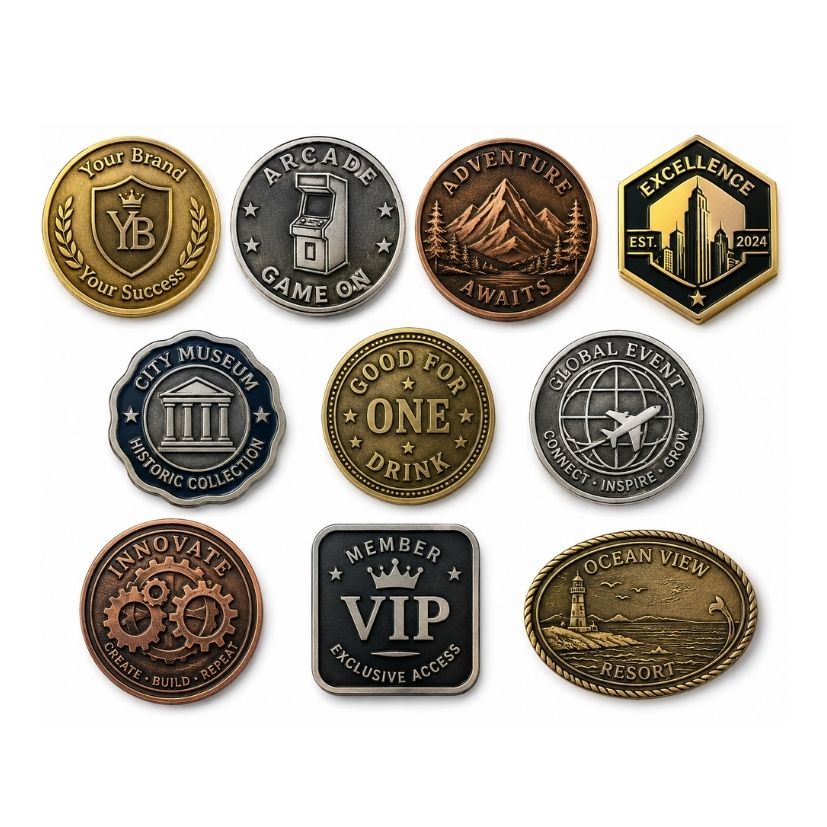 Customized embossed metal tokens, challenge coins, and branded gift items for industrial manufacturing supply.