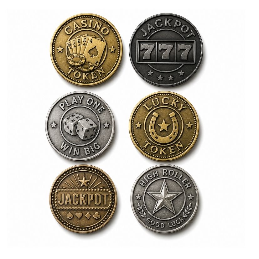 Casino and gaming custom metal tokens with high-relief lucky symbols for entertainment industry wholesale.