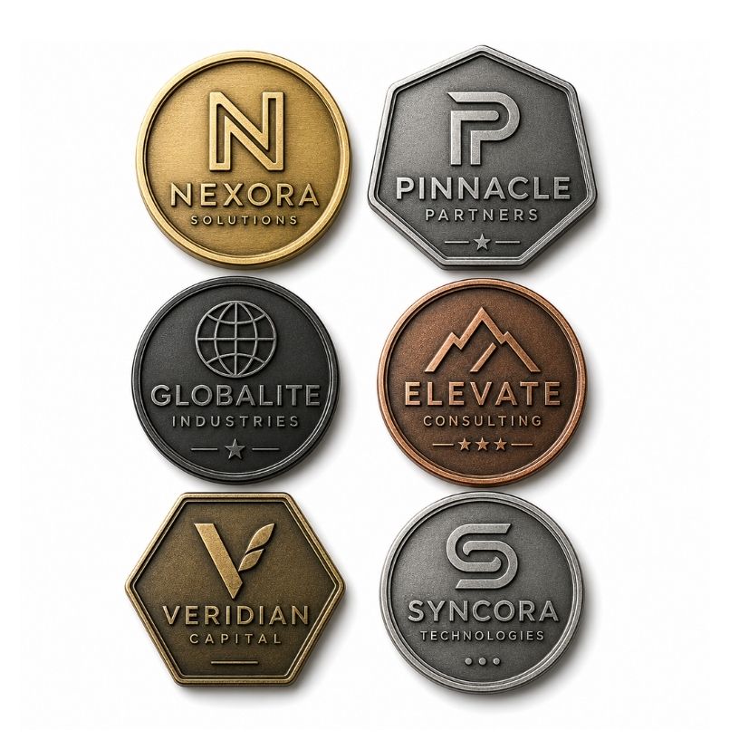 Custom business logo metal tokens and corporate branding coins in gold, silver, and bronze finishes.