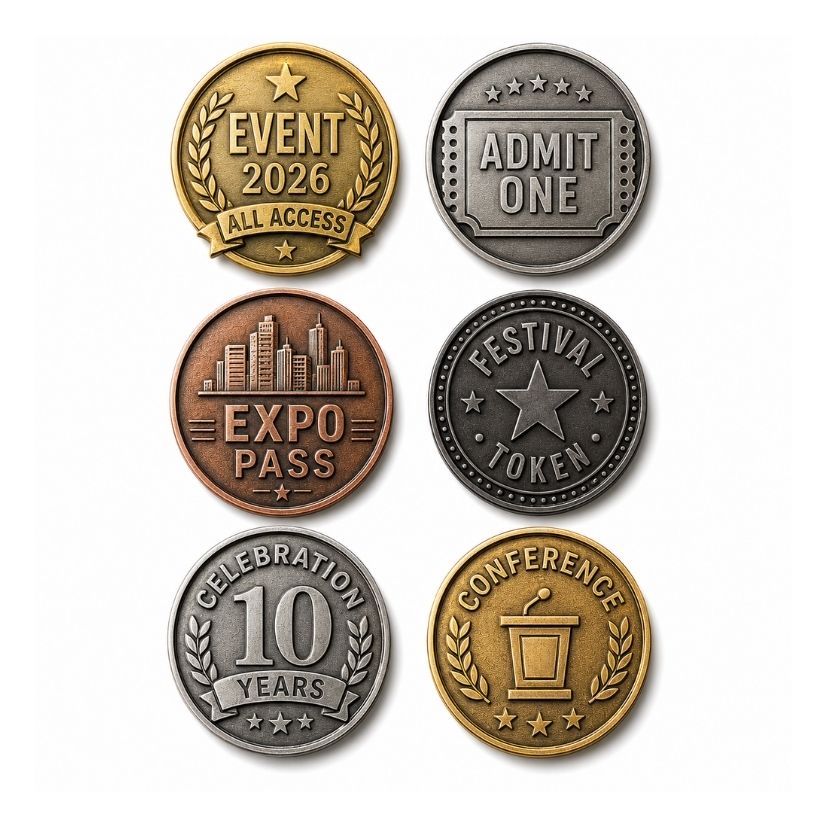 :Event admission and celebration custom metal tokens for corporate expos and anniversary commemorations.